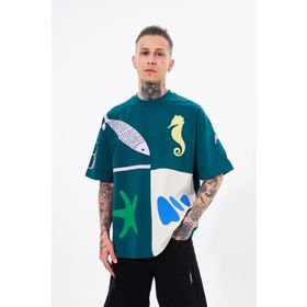 Machinist 87 Sea Shells Baskılı Petrol Yeşili Gri Oversize Erkek T-shirt
