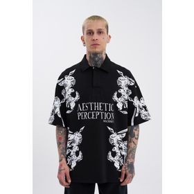 Machinist Aesthetic Siyah Flower Baskılı Polo Yaka Erkek T-shirt