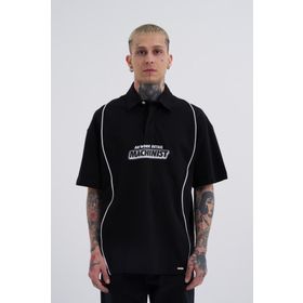 Machinist Contrast Piping Baskılı Black Oversize Polo Yaka Erkek T-shirt