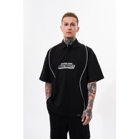 Machinist Contrast Piping Baskılı Black Oversize Polo Yaka Erkek T-shirt