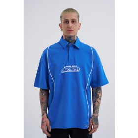 Machinist Contrast Piping Baskılı Mavi Oversize Polo Yaka Erkek T-shirt