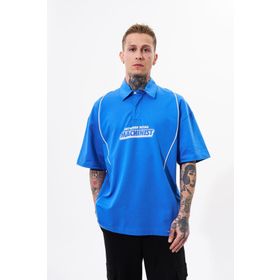 Machinist Contrast Piping Baskılı Mavi Oversize Polo Yaka Erkek T-shirt