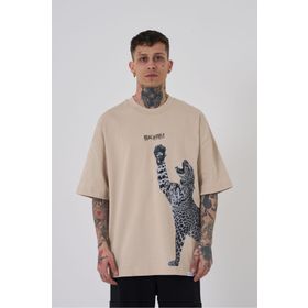 Machinist Leopard Baskılı Açık Bej Oversize Erkek T-shirt