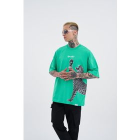 Machinist Leopard Baskılı Açık Yeşil Oversize Erkek T-shirt