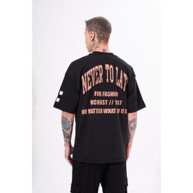Machinist Never to Late Baskılı Siyah Oversize Erkek T-shirt