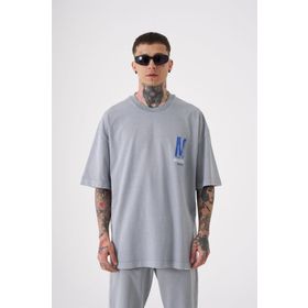 Machinist Onenıne87 Baskılı Mavi Yıkamalı Oversize Erkek T-shirt
