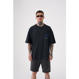 Machinist Onenıne87 Baskılı Siyah-Mavi Yıkamalı Oversize Erkek T-shirt