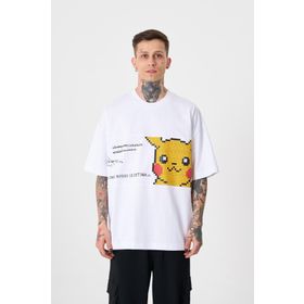 Machinist Pikachu Baskılı Beyaz Oversize Erkek T-shirt