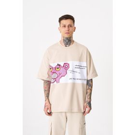 Machinist Pink Panter Açık Bej Baskılı Oversize Erkek T-shirt