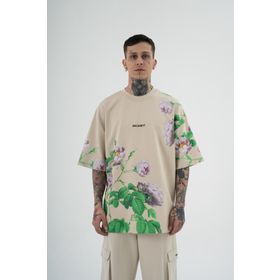 Machinist Rose Flower Baskılı Açık Bej Oversize Erkek T-shirt