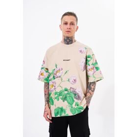 Machinist Rose Flower Baskılı Açık Bej Oversize Erkek T-shirt