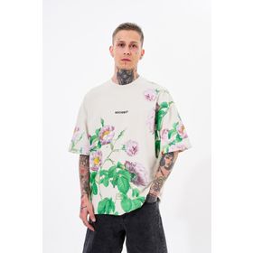 Machinist Rose Flower Baskılı Gri Oversize Erkek T-shirt