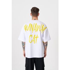 Machinist Runaway Cat Beyaz Baskılı Oversize Erkek T-shirt