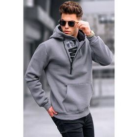 Madmext 1767 Füme Erkek Fermuar Detaylı Kapüşonlu Sweatshirt