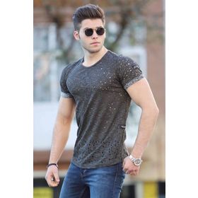 Madmext 2468 Füme Lazer Kesim Yırtık Erkek T-shirt