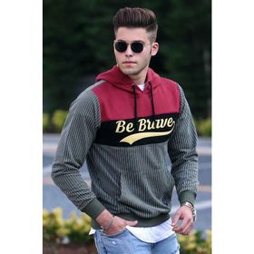 Madmext 2815 Haki Kapşonlu Çizgili Erkek Sweatshirt