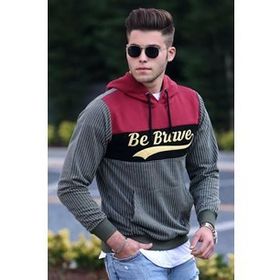 Madmext 2815 Haki Kapşonlu Çizgili Erkek Sweatshirt