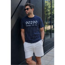 Madmext 2863 Lacivert Bisiklet Yaka Çizgi Detaylı Erkek T-shirt