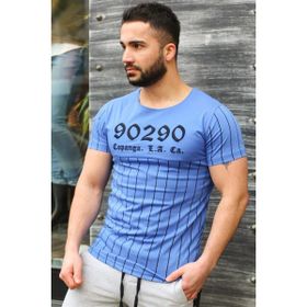 Madmext 2863 Mavi Bisiklet Yaka Çizgi Detaylı Erkek T-shirt