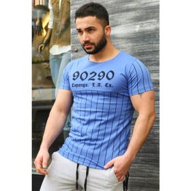 Madmext 2863 Mavi Bisiklet Yaka Çizgi Detaylı Erkek T-shirt
