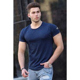 Madmext 2883 Lacivert Yırtık Detaylı Erkek T-Shirt