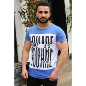 Madmext 3001 Saks Mavi Bisiklet Yaka Baskılı Erkek T-shirt
