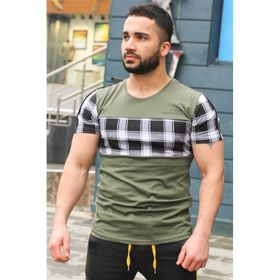 Madmext 3004 Haki Bisiklet Yaka Ekoseli Erkek T-shirt
