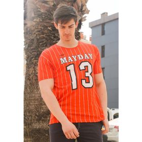 Madmext 3008 Turuncu Çizgi Detaylı Baskılı Erkek T-shirt
