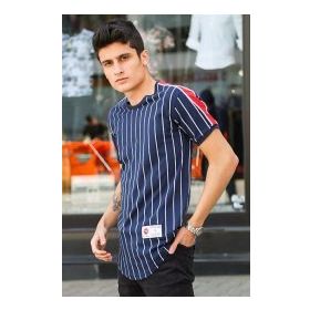 Madmext 3039 Çizgili Lacivert Erkek T-Shirt