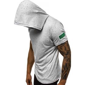 Madmext 3069 Gri Yırtık Detaylı Kapüşonlu Erkek T-shirt