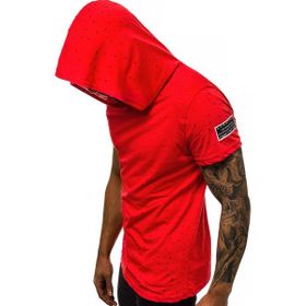 Madmext 3069 Kırmızı Yırtık Detaylı Kapüşonlu Erkek T-shirt