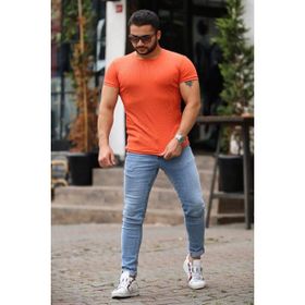 Madmext 4077 Erkek Bisiklet Yaka Turuncu Basic Tişört