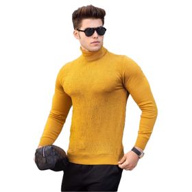 Madmext 4657 Hardal Balıkçı Yaka Önü Desenli Erkek Kazak