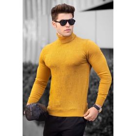 Madmext 4657 Hardal Balıkçı Yaka Önü Desenli Erkek Kazak