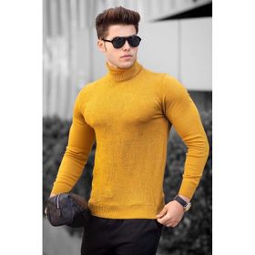 Madmext 4657 Hardal Balıkçı Yaka Önü Desenli Erkek Kazak