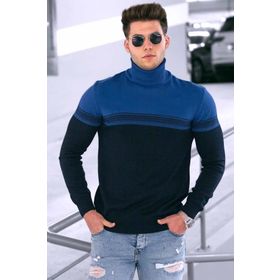 Madmext 4675 Saks Renk Bloklu Balıkçı Yaka Erkek Kazak