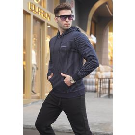 Madmext 4692 Lacivert Çizgili Kapüşonlu Erkek Sweatshirt