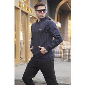 Madmext 4692 Lacivert Çizgili Kapüşonlu Erkek Sweatshirt