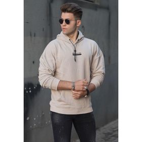 Madmext 4722 Bej Baskılı Kapüşonlu Erkek Sweatshirt