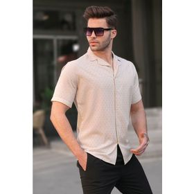 Madmext 5585 Bej Slim Fit %100 Pamuk Kısa Kol Erkek Gömlek