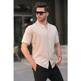 Madmext 5585 Bej Slim Fit %100 Pamuk Kısa Kol Erkek Gömlek