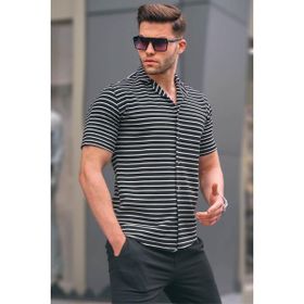 Madmext 5591 Siyah Çizgili Slim Fit Erkek Kısa Kol Gömlek