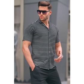 Madmext 5591 Siyah Çizgili Slim Fit Erkek Kısa Kol Gömlek