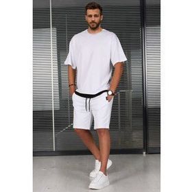 Madmext 5668 Beyaz Oversize Erkek Şort Takımı