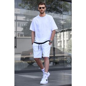 Madmext 5668 Beyaz Oversize Erkek Şort Takımı