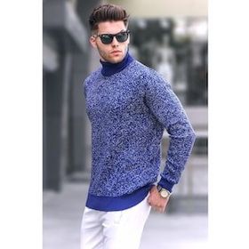 Madmext 5765 Erkek Açık Lacivert Desenli Balıkçı Yaka Triko Kazak