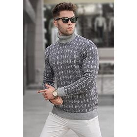 Madmext 5768 Erkek Gri Desenli Balıkçı Yaka Triko Kazak