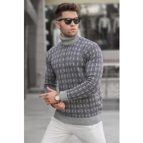 Madmext 5768 Erkek Gri Desenli Balıkçı Yaka Triko Kazak