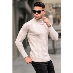 Madmext 5769 Taş Rengi Desenli Balıkçı Yaka Erkek Triko Kazak