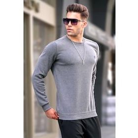 Madmext 5799 Erkek Gri Bisiklet Yaka Regular Fit Basic Sweatshirt